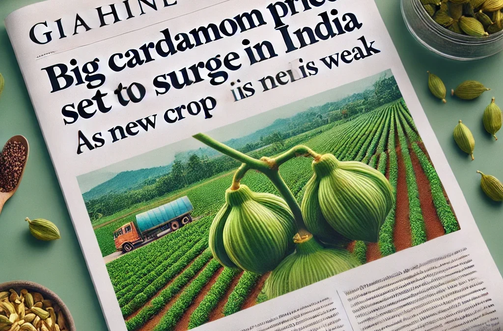 DALL·E 2024 10 01 08.13.14 A professional image featuring the title Big Cardamom Prices Set to Surge in India as New Crop Remains Weak. The text is bold and eye catching plac