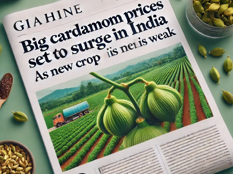 DALL·E 2024 10 01 08.13.14 A professional image featuring the title Big Cardamom Prices Set to Surge in India as New Crop Remains Weak. The text is bold and eye catching plac