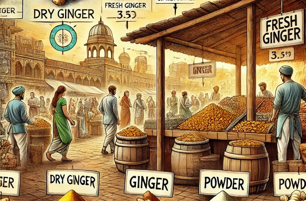 DALL·E 2024 12 12 17.35.36 An informative illustration of the ginger market showing elements like dry ginger fresh ginger roots and ginger powder depicted in a market setting