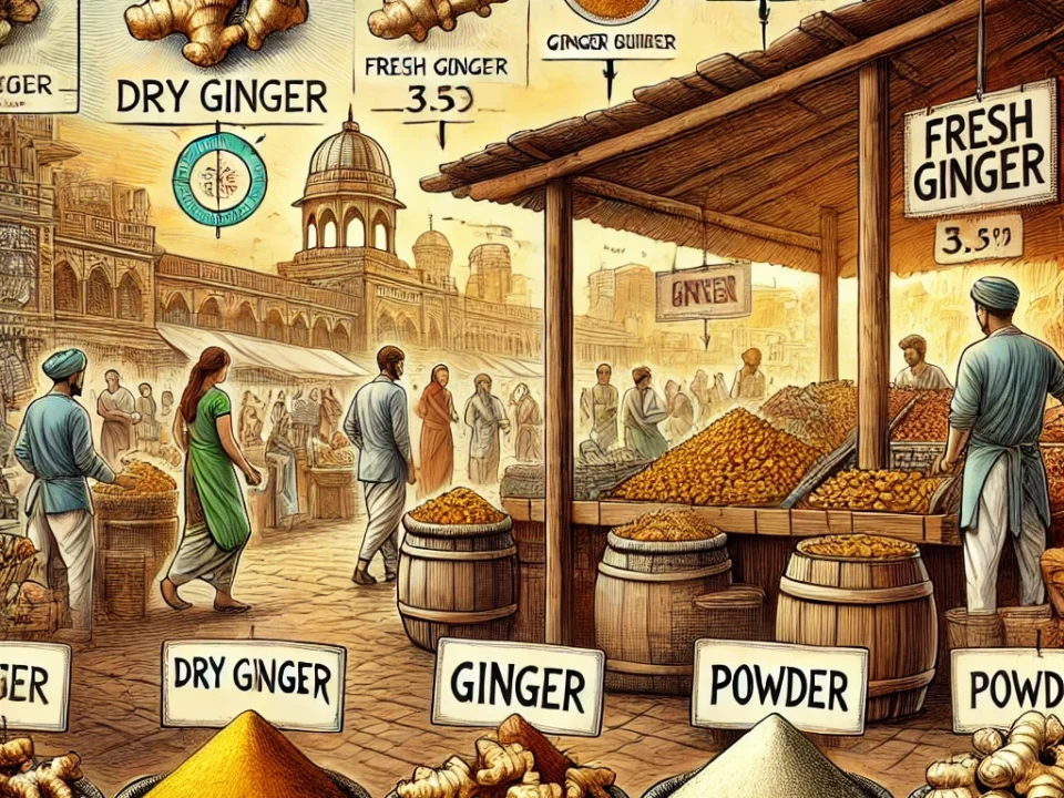 DALL·E 2024 12 12 17.35.36 An informative illustration of the ginger market showing elements like dry ginger fresh ginger roots and ginger powder depicted in a market setting