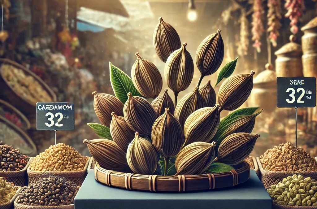 DALL·E 2024 12 13 02.02.19 A visually appealing image of big cardamom displayed in a market setting showcasing vibrant pods in various shades of brown and black. The background