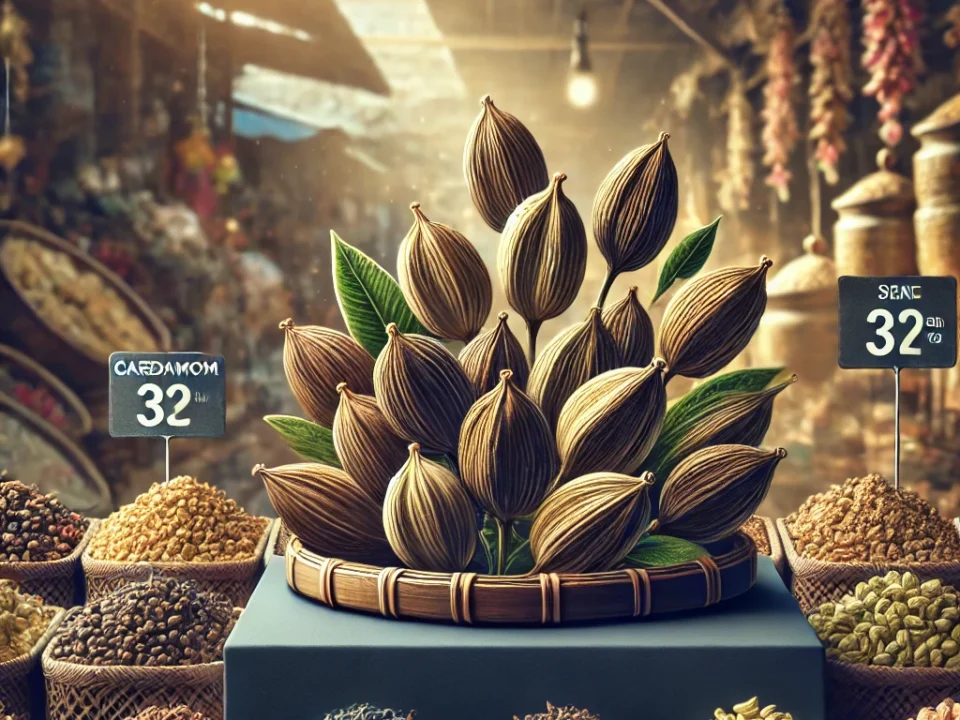 DALL·E 2024 12 13 02.02.19 A visually appealing image of big cardamom displayed in a market setting showcasing vibrant pods in various shades of brown and black. The background