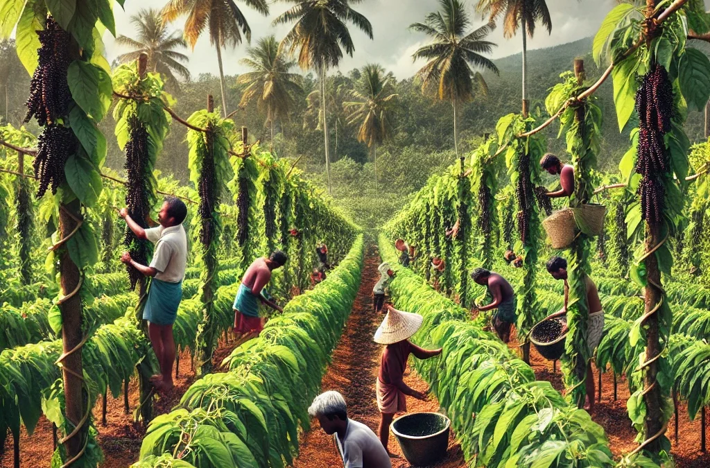 DALL·E 2025 01 02 09.36.03 A lush field of black pepper plants in Kerala India with farmers harvesting the peppercorns. The scene shows green vines climbing up trellises with